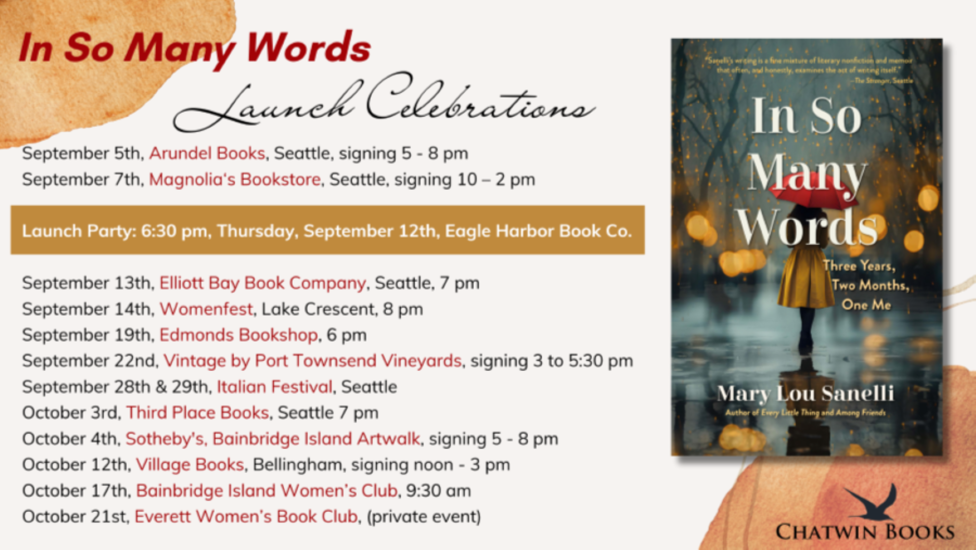 In So Many Words launch celebrations — reading and signing schedule, September through October